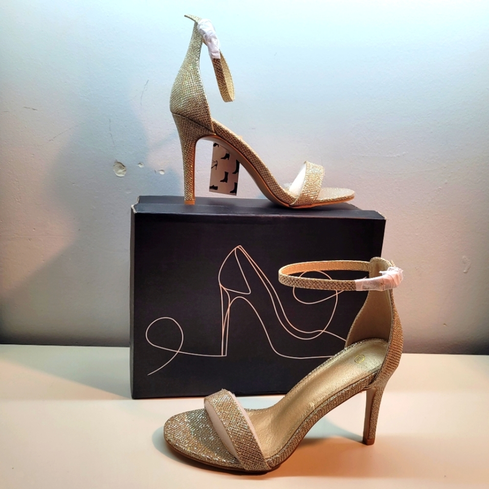 Gold Sparkly Heels for Women Stiletto Heels Ankle Strap Size 6, 7.5, 9 & 9.5